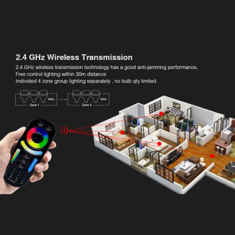 LED RGB + CCT - 4 Zonen Fernbedienung - Schwarz - FUT092B - Mi-Light - LED Lampen steuern, dimmen, regulieren - pro Zone LED RGB + CCT - 4 Zonen Fernbedienung - Schwarz - FUT092B - Mi-Light - LED Lampen steuern, dimmen, regulieren - pro Zone