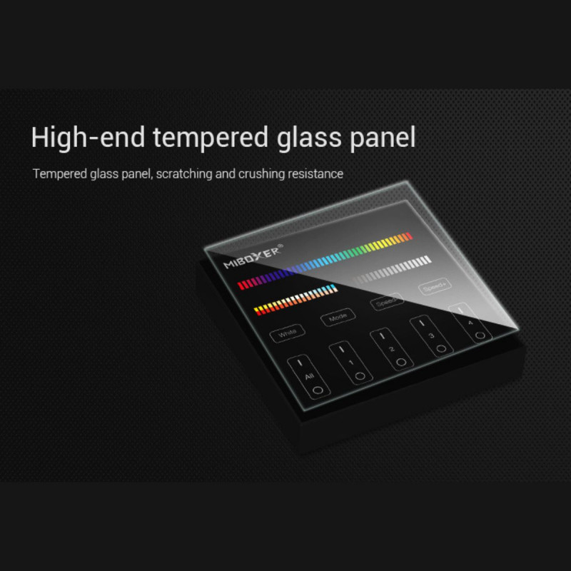 RGB + CCT Touch-Steuerung 4 Zonen - Schwarz - Milight - Temperglas, Wandhalterung, Wand Dimmer RGB + CCT Touch-Steuerung 4 Zonen - Schwarz - Milight - Temperglas, Wandhalterung, Wand Dimmer