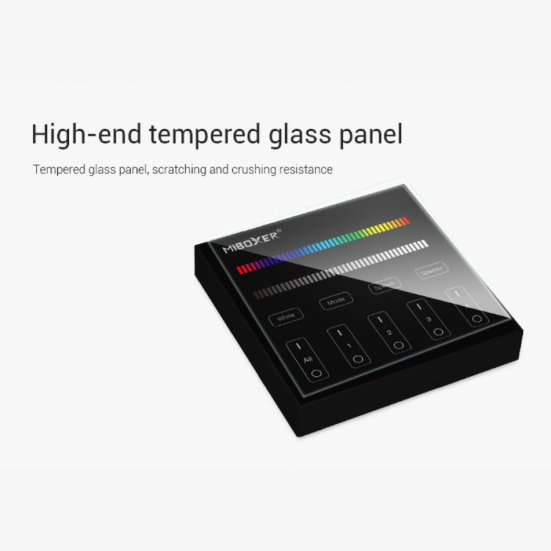 RGB- und RGBW-Touch-Steuerung 4 Zonen - Schwarz - Mi-Light - Dimmer, LED Steuerung, Steuergerät, Wand, Temperglas RGB- und RGBW-Touch-Steuerung 4 Zonen - Schwarz - Mi-Light - Dimmer, LED Steuerung, Steuergerät, Wand, Temperglas