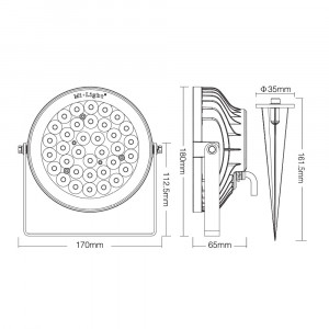 LED-Fluter RGB+CCT mit Erdspieß - 25W - IP66 - RF/WLAN - Mi-Light - Abmessungen