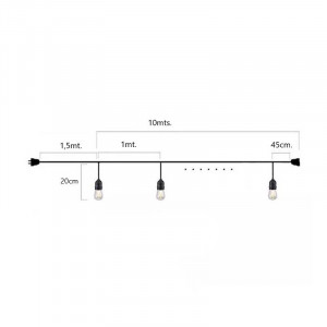 Lichterkette Outdoor 11,5 Meter + 10 x 1W LED Filament Lampen E27 - IP44 - Warmweiß - Abmessungen