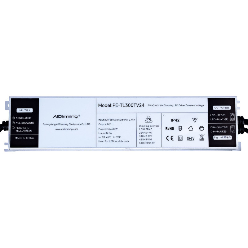 Dimmbares Netzteil TRIAC/0-10V 200-250V - Ausgang 24V - 12,5A - 300W - LED Dimmer, flimmerfrei, Helligkeitsregler