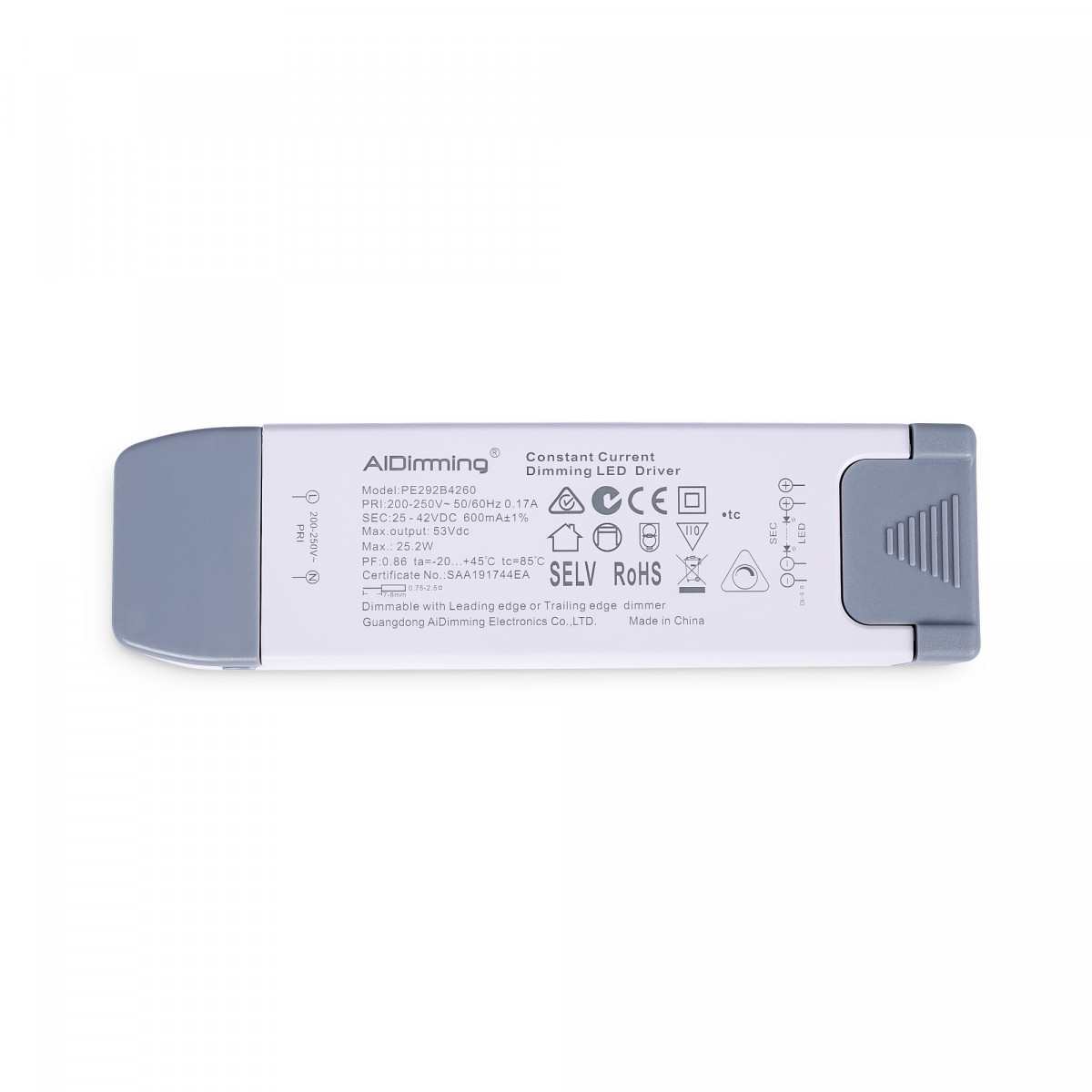 TRIAC dimmbarer Treiber 25-42V DC - 600mA - 25,2W - LED Driver, Dimmer, LED Lampen dimmen