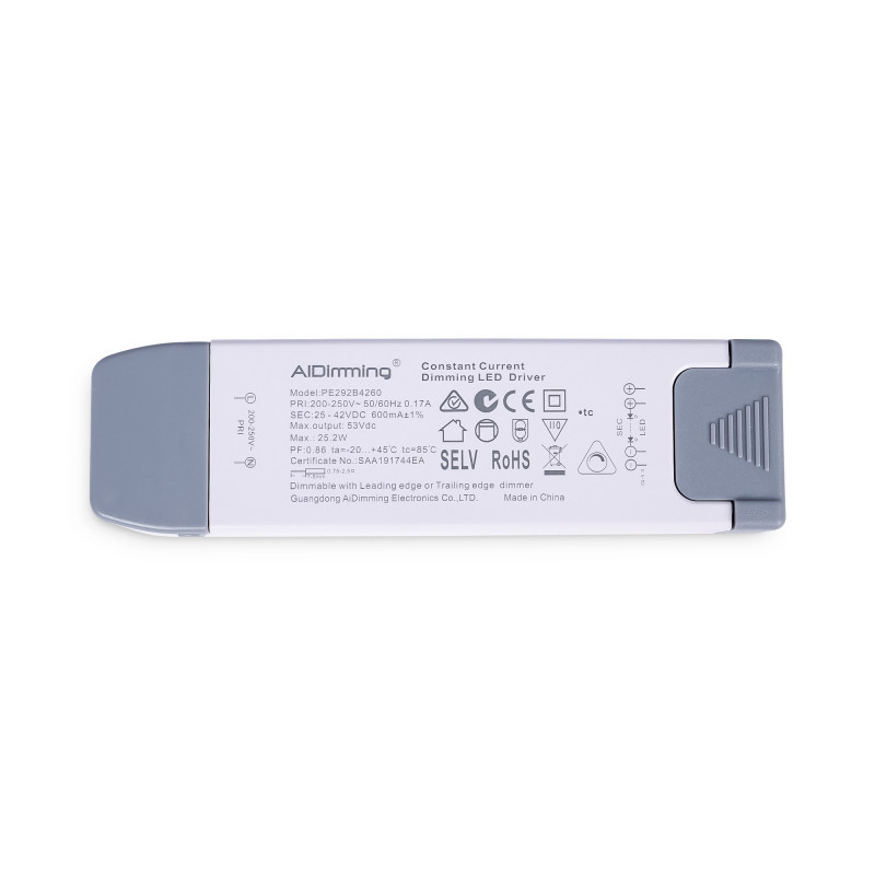 TRIAC dimmbarer Treiber 25-42V DC - 600mA - 25,2W - LED Driver, Dimmer, LED Lampen dimmen