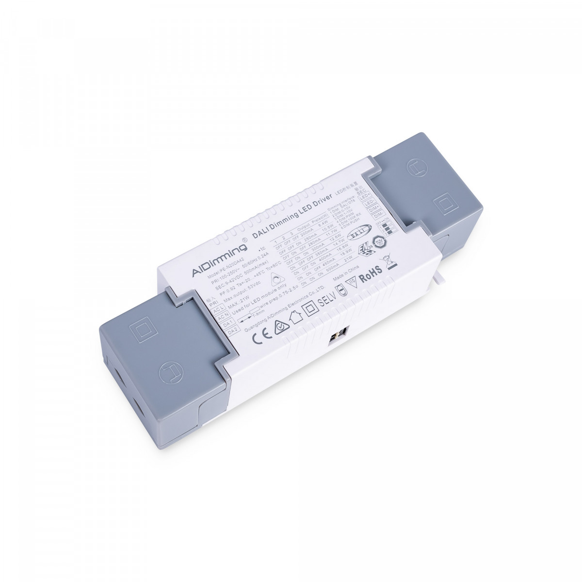 Dimmbarer Treiber DALI + 1/0-10V + PUSH - 9-42V DC - Multicurrent (200-500mA) - LED Driver, einstellbar, DIP Schalter