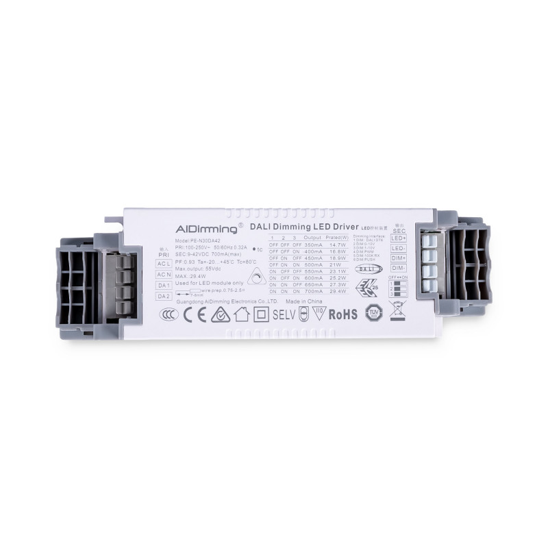 Dimmbarer Treiber DALI + 1/0-10V + PUSH - 9-42V DC - Multicurrent (350-700mA) - LED Lampen steuern, dimmen