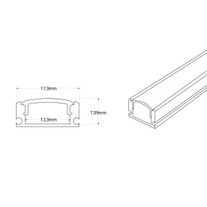 Alu Aufbau-Profil mit Diffusor - Komplettset - 17x8mm - ≤12 mm LED Streifen - 2 Meter - Abmessungen