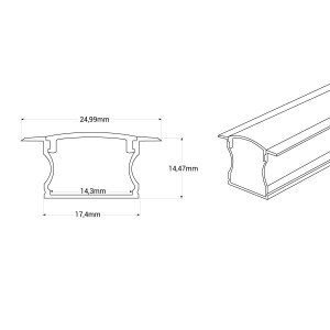 Alu Einbau Profil - Komplettset - 25 x 14,5mm - ≤12mm LED Streifen - 2 Meter - Abmessungen