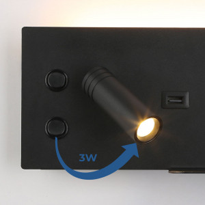Pack x 2 - Wandspot KERTA + indirekte Lichtquelle mit USB Ladestation - 3W+7W Doppelfunktion - Schwarz - 3W LED Spot