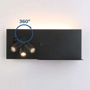 Pack x 2 - Wandspot KERTA + indirekte Lichtquelle mit USB Ladestation - 3W+7W Doppelfunktion - Schwarz - schwenkbar, neigen