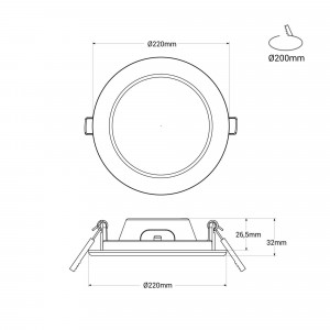 CCT LED Downlight mit PIR Sensor 18W - Einbauöffnung Ø 200-210mm - Abmessungen