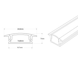 Alu Einbau Profil - Komplettset - 24,5 x 7mm - ≤12mm LED Streifen - 2 Meter - Abmessungen