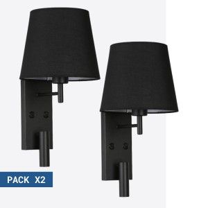 Pack x 2 - Wandleuchte + LED Leselampe NOAH - 3,4W - Schwarz - Leseleuchte, Lampenschirm Stoff