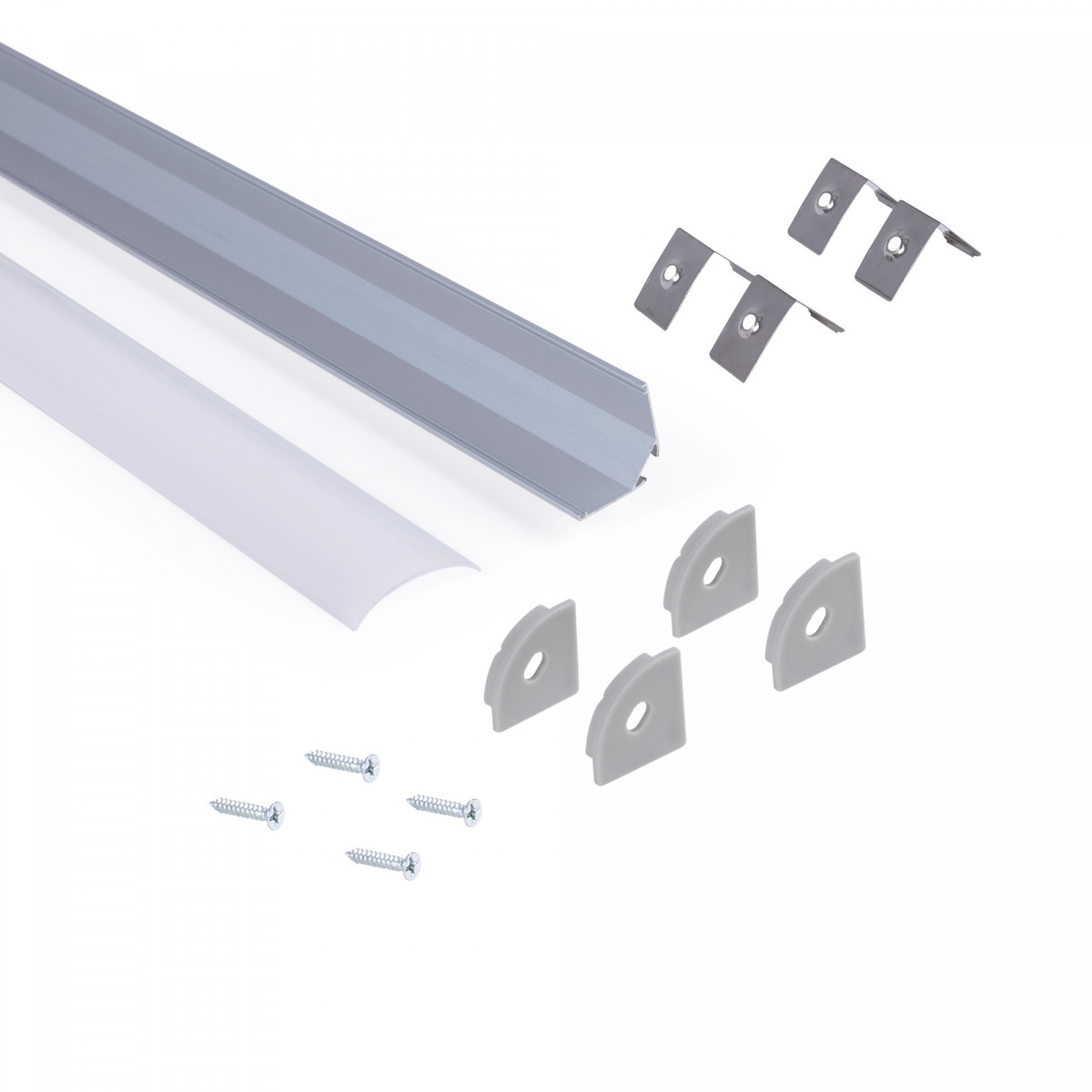 Alu Eckprofil mit Diffusor - Komplettset - 20 x 20mm - LED Strip Profil Montagezubehör, Endkappen, Montageclips