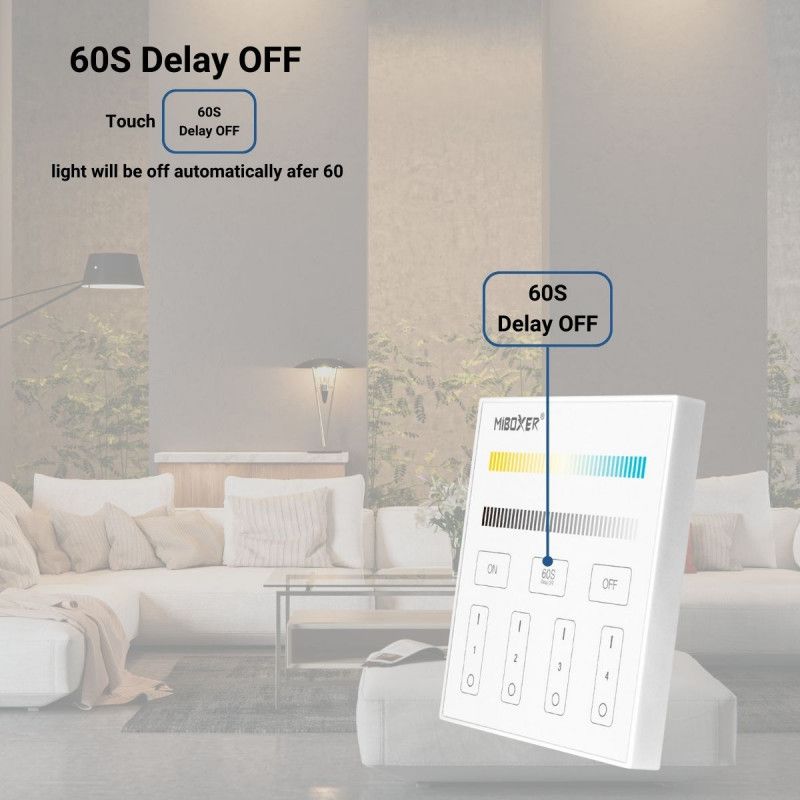 CCT RF Touch Wandschalter - 4 Zonen - Weiß - MiLight - 60 Sekunden Zeitschaltuhr, Timer
