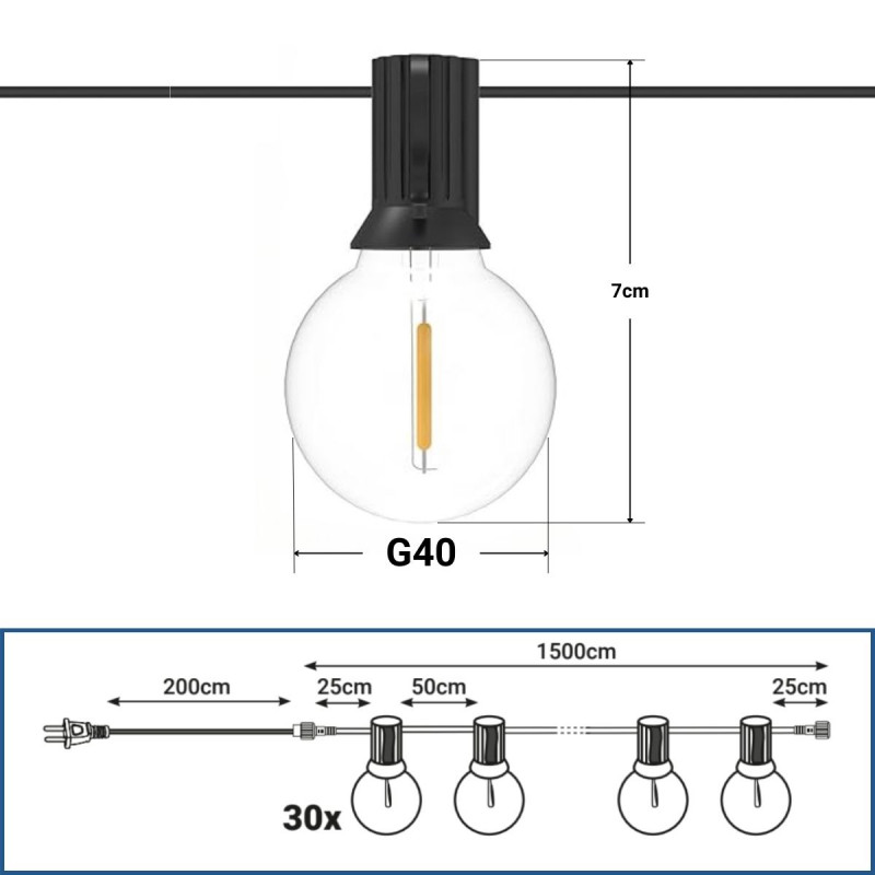 Lichterkette für Außen 15 + 2 m - 30 x LED Lampen E27 G40 1W - IP44 - Warmweiß - Abmessungen Lichterkette für Außen 15 + 2 m - 30 x LED Lampen E27 G40 1W - IP44 - Warmweiß - Abmessungen