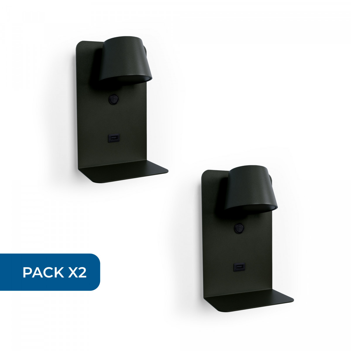 2er Pack Wandleuchte BASKOP mit USB-Anschluss und Ablage - 6W - Schwarz - Wandleuchte, Bettlampe, Ladestation