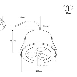 6W LED Einbaustrahler rund - UGR18 - Ø 55mm Einbauöffnung - abmessungen deckenstrahler