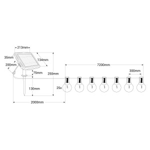 Solar Lichterkette outdoor - 25 x E27 LED Lampen - IP44 - 9,2 Meter - Abmessungen