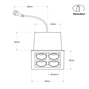 LED Einbaustrahler eckig 8W - Osram LED - UGR18 - 48x48mm Einbauöffnung - abmessungen