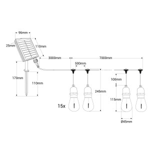 Solarleuchte Lichterkette für Außen - 15 x LED Lampen E27 IP44 10m abmessungen