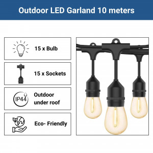 Solarleuchte Lichterkette für Außen - 15 x LED Lampen E27 IP44 10m outdoor lichterkette