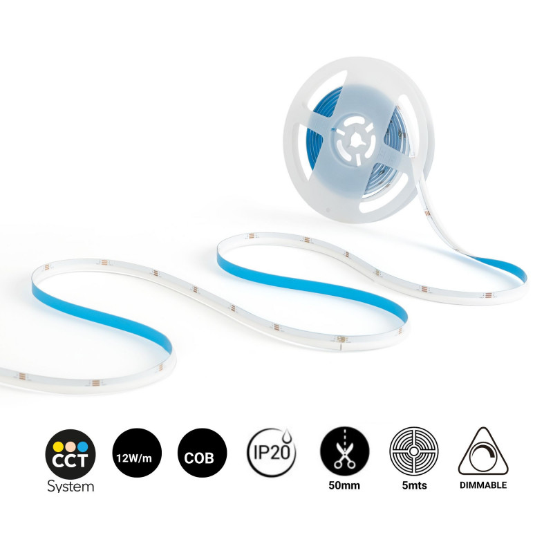 CCT COB-LED-Streifen - 24V DC - Seitlich emittierend - 12W/m - 10mm - IP20 - 5cm Schnitt - 5-Meter-Rolle CCT COB-LED-Streifen - 24V DC - Seitlich emittierend - 12W/m - 10mm - IP20 - 5cm Schnitt - 5-Meter-Rolle