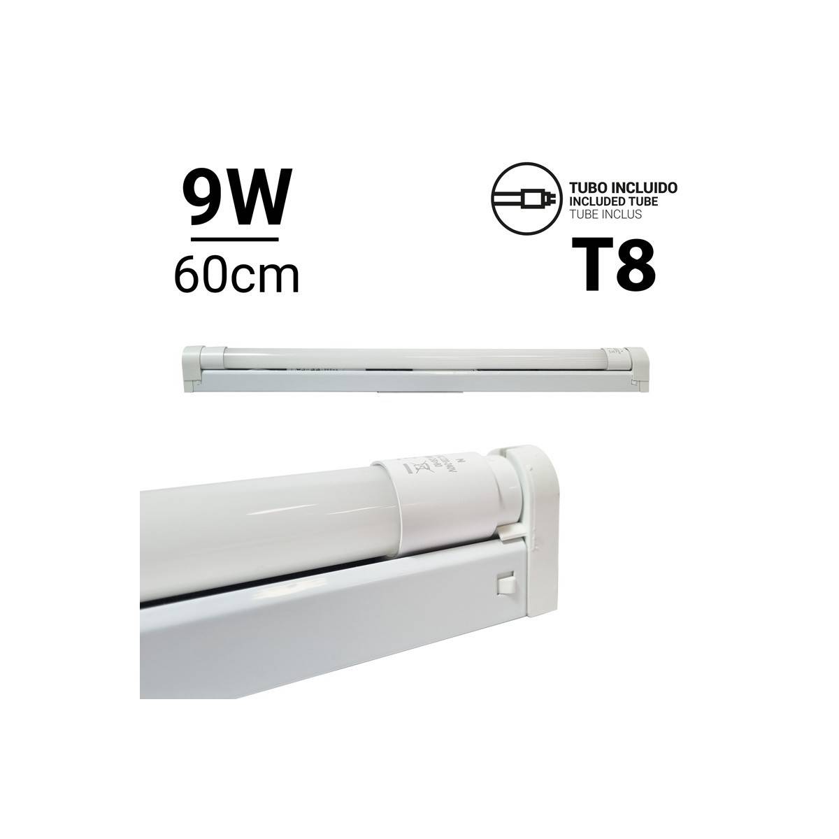 Kit of tube holder strip and LED tube T8 60cm 9W