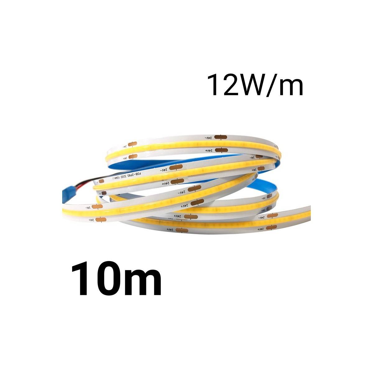 24V DC COB LED Strip - 12W/m - 10mm - IP20 - 10 meters roll - Cut every 5cm