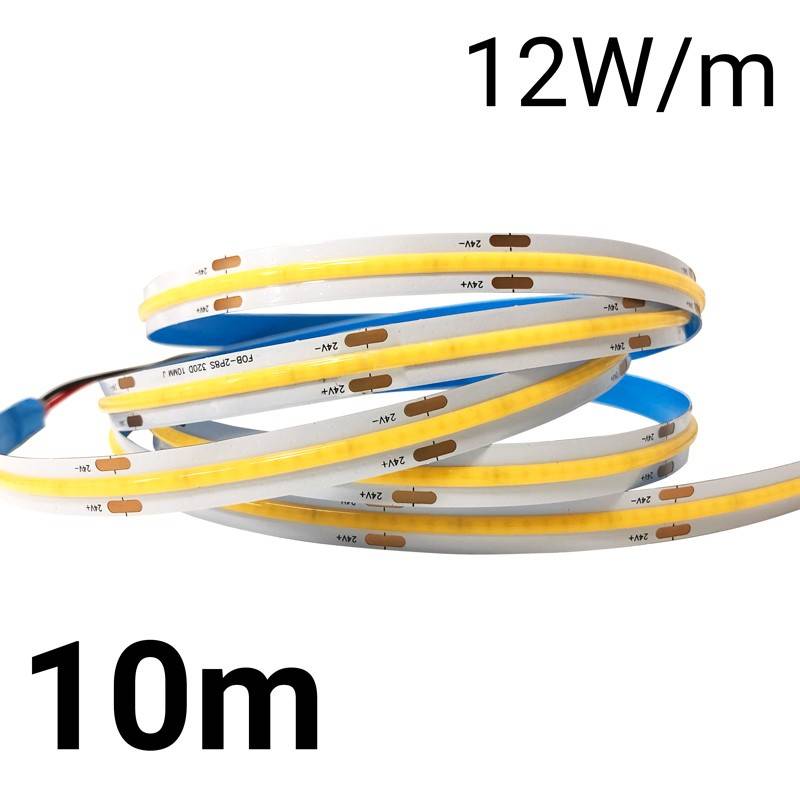 24V DC COB LED Strip - 12W/m - 10mm - IP20 - 10 meters roll - Cut every 5cm