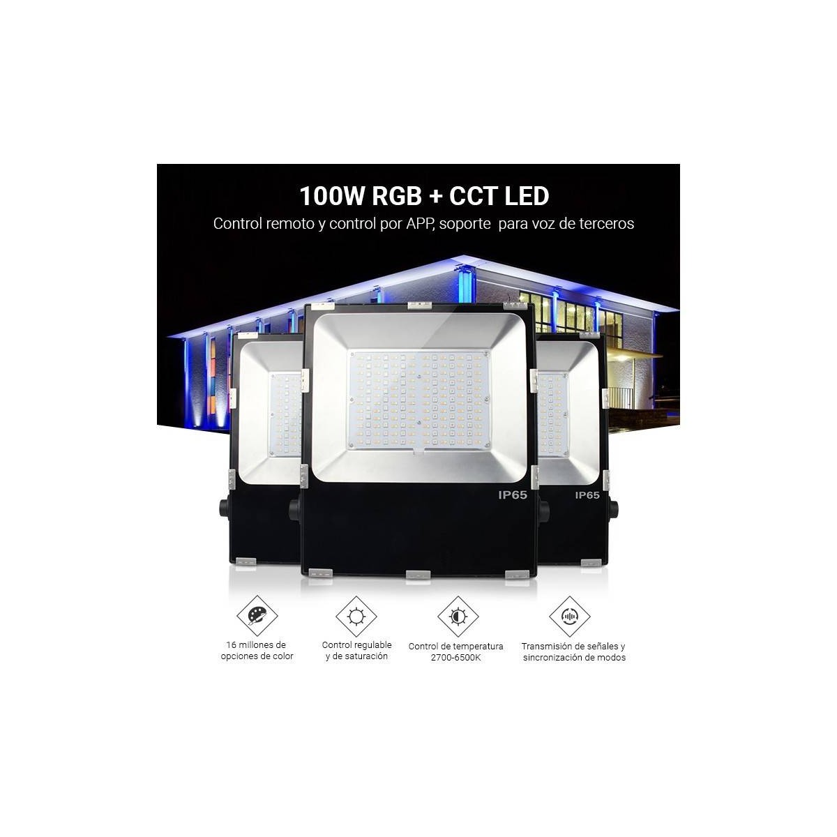 RGB+CCT 50W 4200lm RGB+CCT 50W LED floodlight - RF and WiFi control - IP65 FUTT02