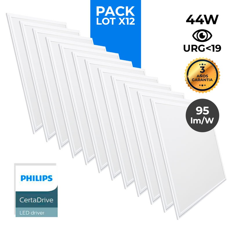 Pack of 12 slim LED panels 600x600x15mm 44W UGR19 Philips Driver