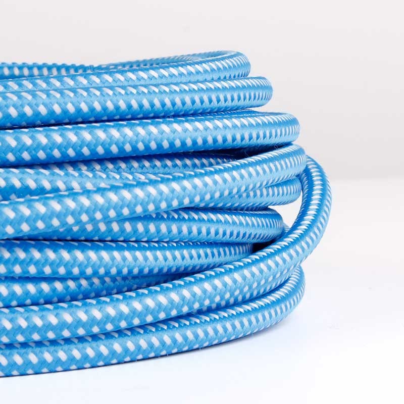 Round Electric Cable coated in Silk Effect Fabric Blue &amp; White Color