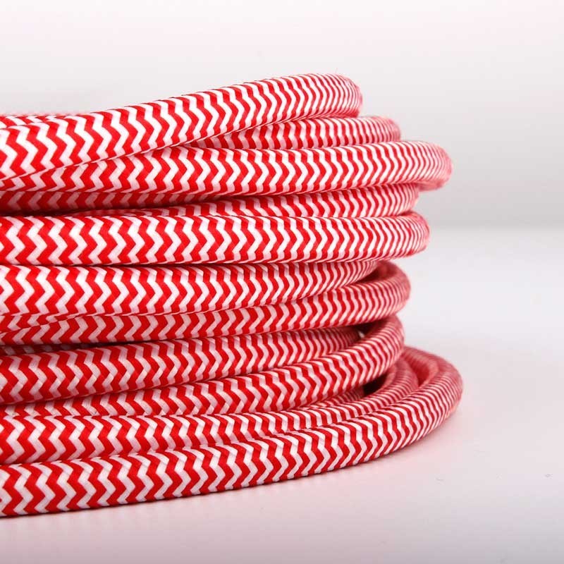 Round Electric Cable Coated in ZigZag Silk Effect Fabric, Red &amp; White