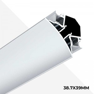 38.7x39mm aluminum corner profile with LED strips provides dual illumination of walls and ceilings.