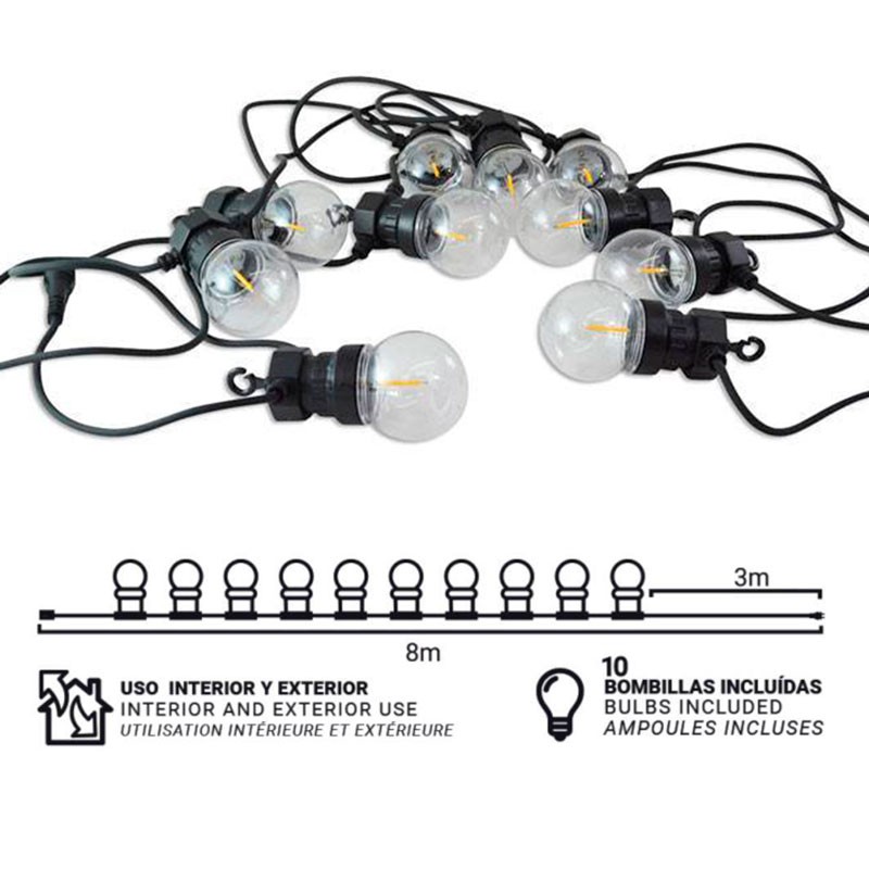 LED light garland 10 integrated bulbs - 8 meters