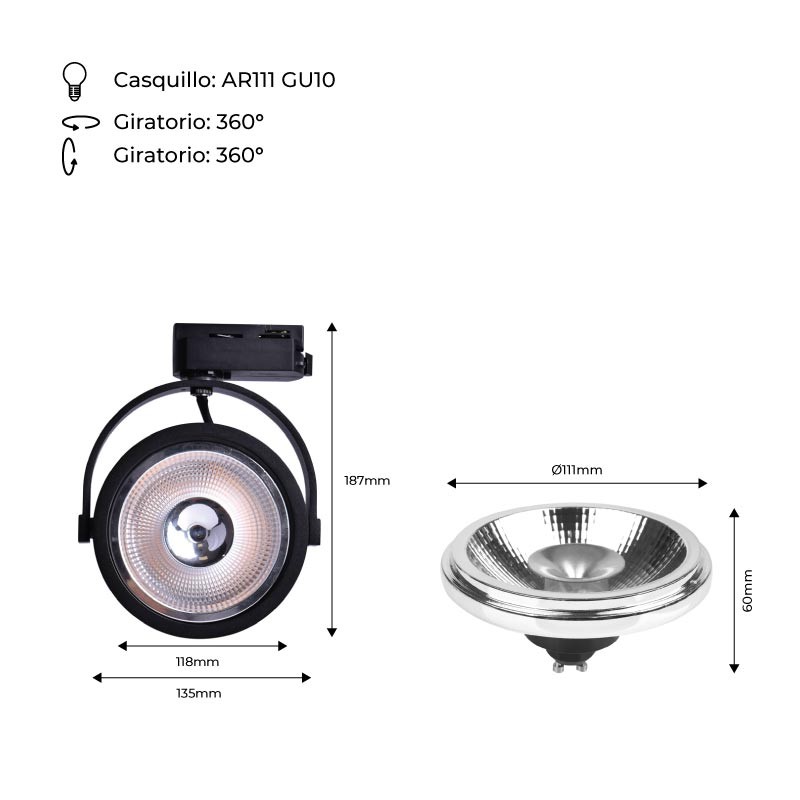 Pack LED Track Spotlight Single Phase + LED Bulb AR111 GU10