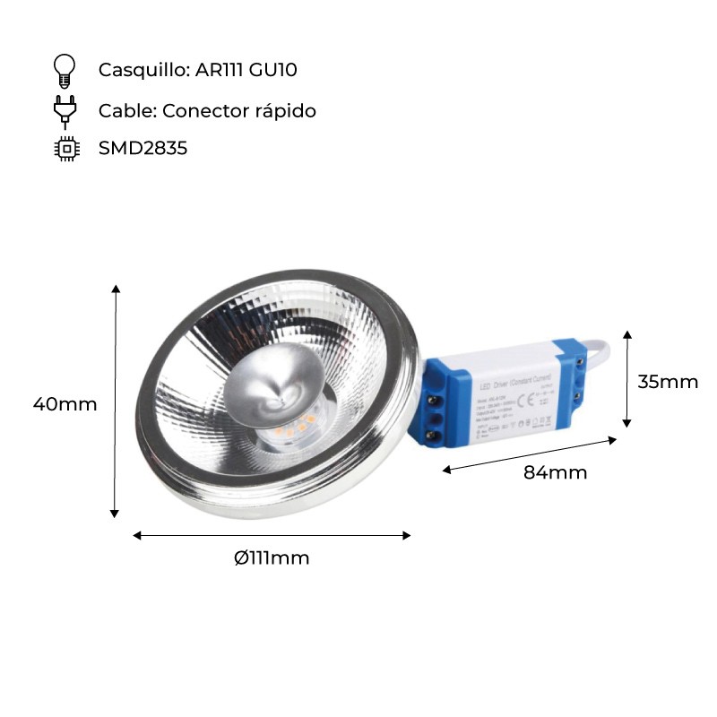 LED Bulb AR111 GU10 12W Dimmable LED Bulb with External Driver Angle 12°.