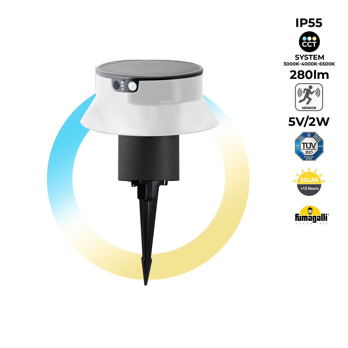 Solar LED bollard with stake "FELICE 200 SPIKE" 18cm with PIR sensor - 3 modes of operation - CCT