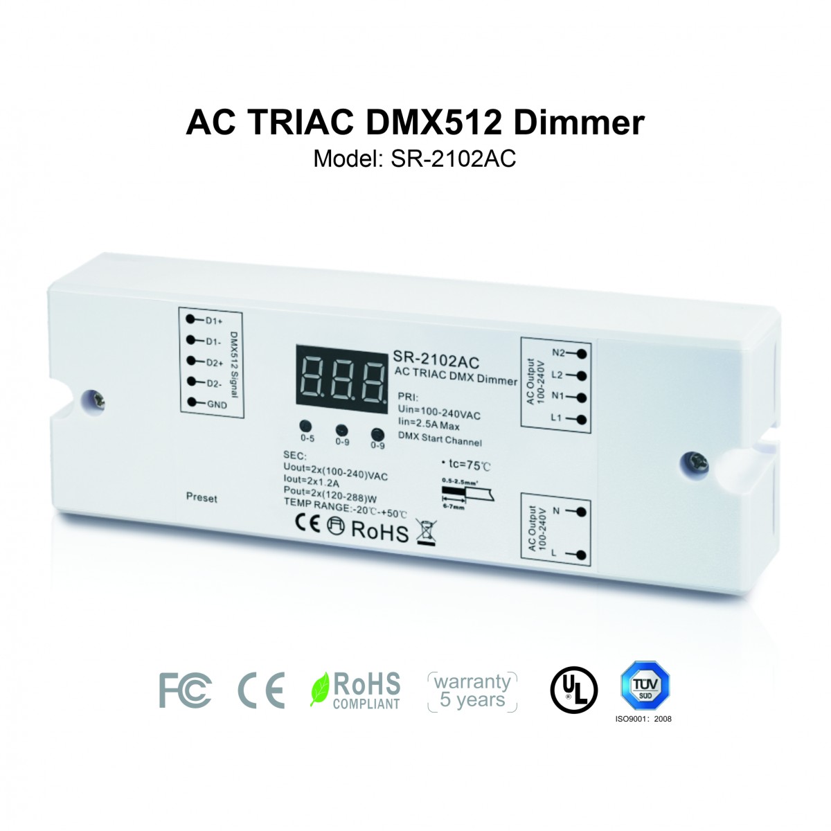 AC TRIAC Controller - DMX Dimmer - 2 channels 1,2A/ch - 100-240V ...