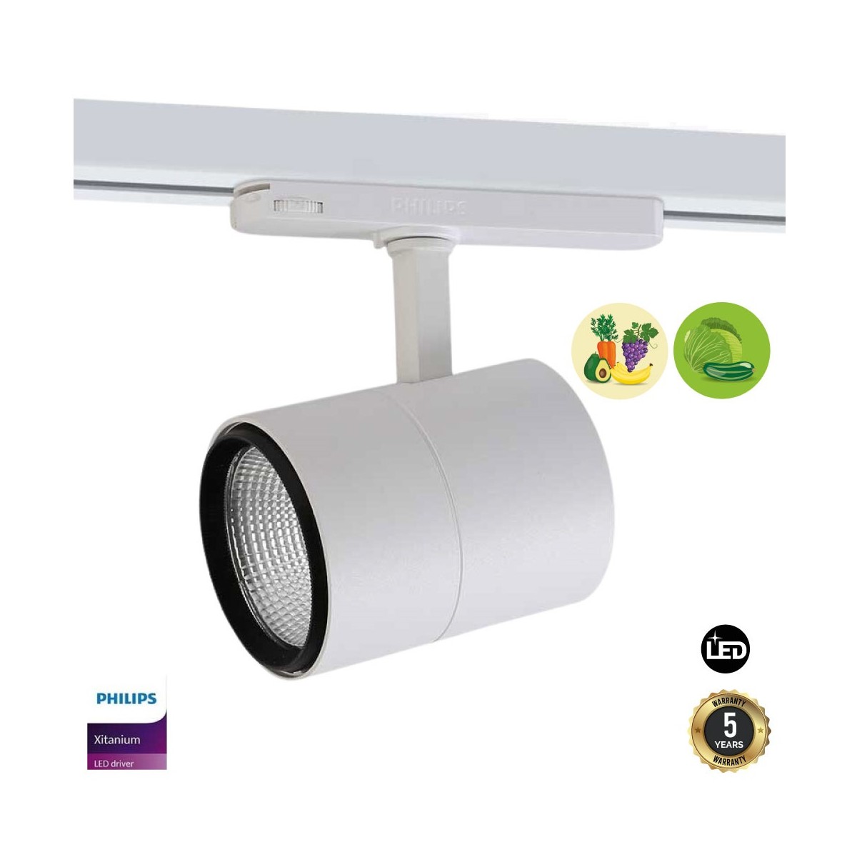 Special three-phase 30W LED spotlight for greengrocers and fruit and vegetable shops