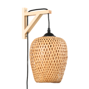 Wooden wall light, wicker lampshade and cable with switch and plug "Alan".