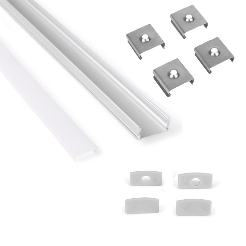 Aluminum surface profile with diffuser, 4 caps and 4 clips - LED strip up to 12 mm - 2 meters