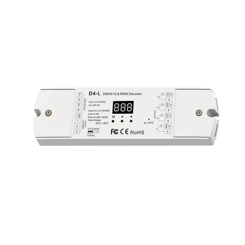 DMX512 Decoder 12-24V DC - 5A/channel - 4 Channels