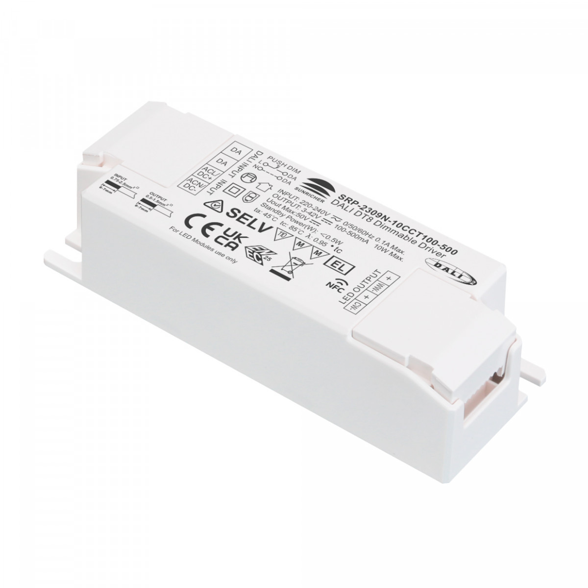 DALI dimmable DT8 CCT driver 220-240V - Output 3-42V DC - 100-500mA - 10W