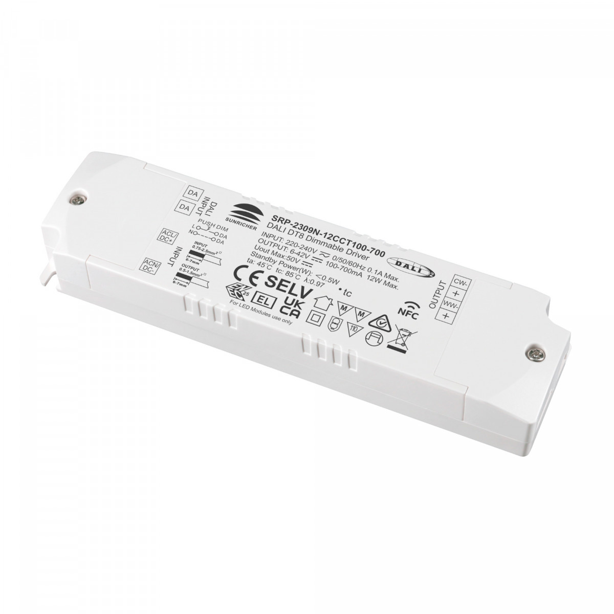 DALI dimmable DT8 CCT driver 220-240V - Output 6-42V DC - 100-700mA - 12W