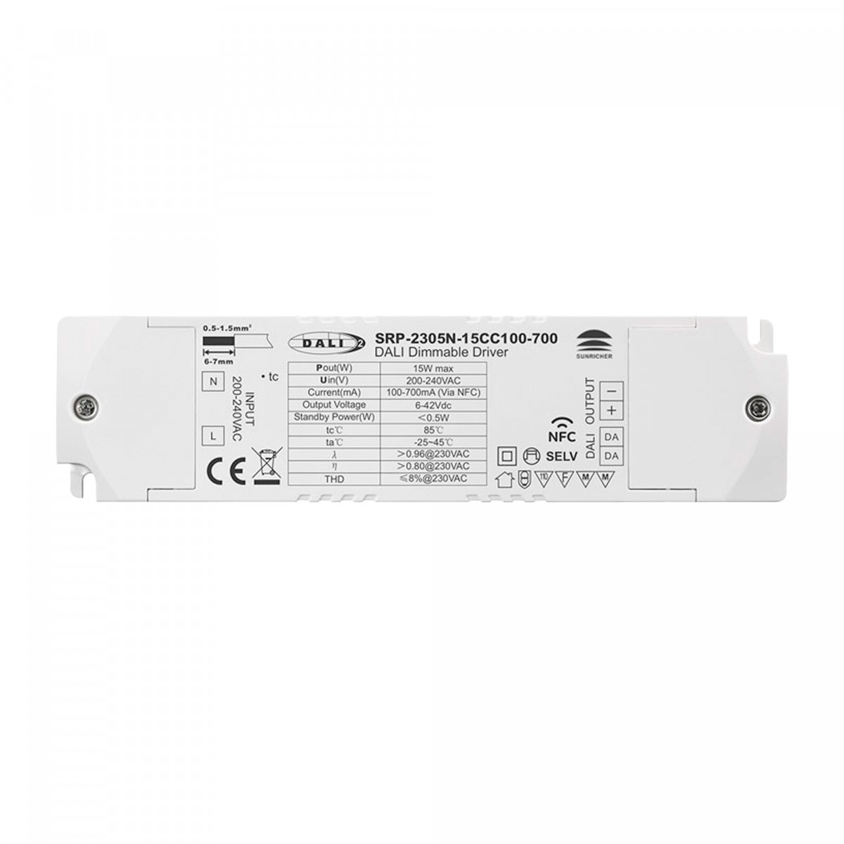 DALI dimmable DT6 Single color driver 220-240V - Output 6-42V DC - 100-700mA - 15W