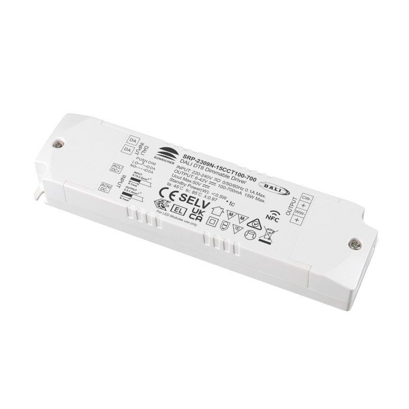 DALI dimmable DT8 CCT driver 220-240V - Output 6-42V DC - 100-700mA - 15W