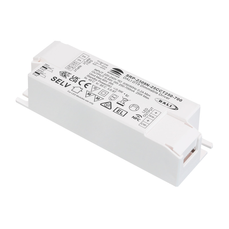 DALI dimmable DT8 CCT driver 220-240V - Output 6-54V DC - 250-700mA - 25W