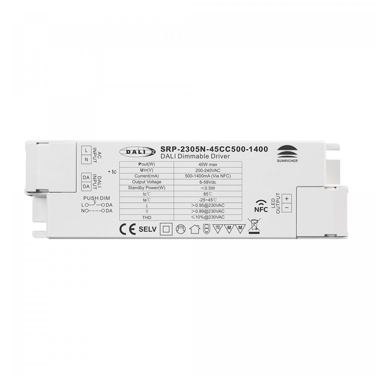 DALI dimmable DT6 Single color driver 220-240V - Output 6-58V DC - 500-1400mA - 45W